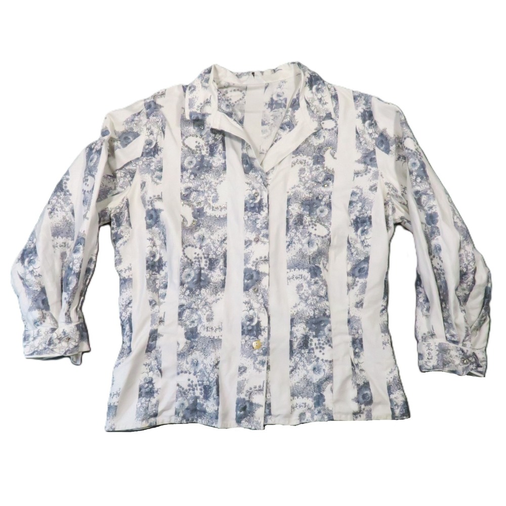 Vintage 60s Malbe Shirt 14 Blue White‎ Floral Striped Rhinestone Cottage Grandma